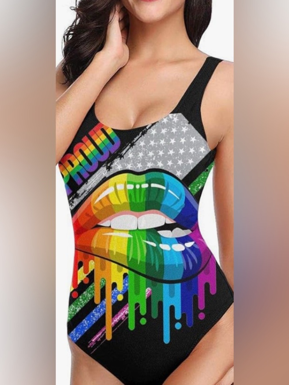 NEW- 12-14 Large Rainbow Lip Print One-Piece Swimsuit “ show your pride”